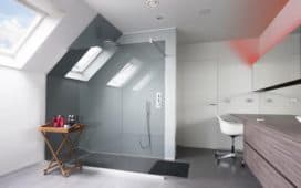 Badkamer met inloopdouche met vergrijsd glas