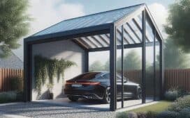 Carport met een dak uit glas, alsook glazen zijwanden