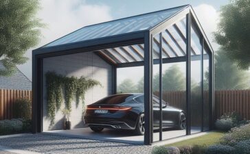 Carport met een dak uit glas, alsook glazen zijwanden