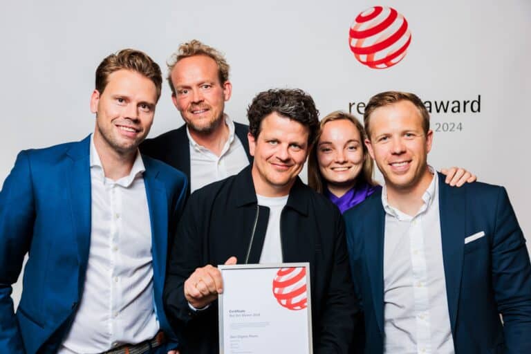 V.l.n.r.: Jeroen Decock (Cobefa), Bert Bartsoen (Plug), Benjamin Van Geem (Prodotto), Hanne Vandamme (Deer Concrete) en Nicola Neve (Deer Concrete)