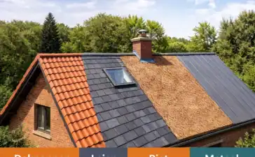 Een dak met verschillende soorten dakbedekking voor een hellend dak (dakpannen, leien, riet, metaal)