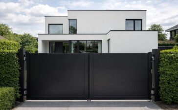 Zwarte aluminium draaipoort bij moderne woning