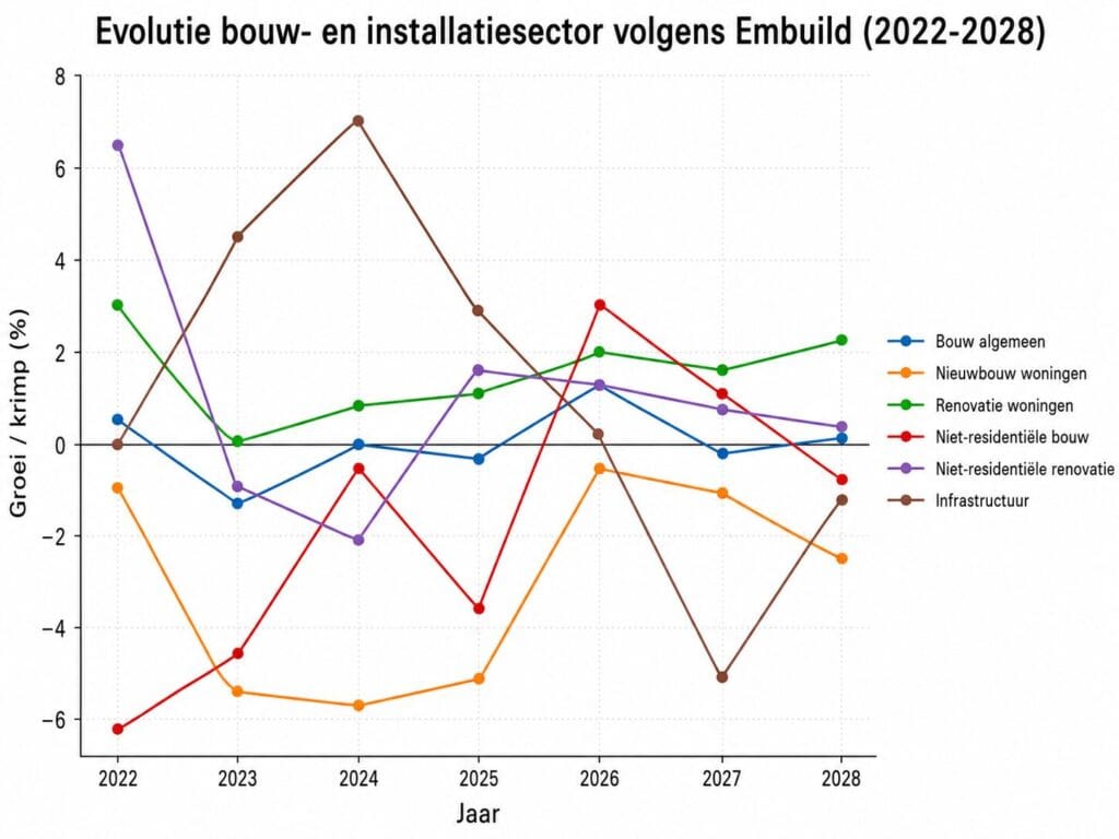 Grafiek van Embuild toont de verwachte groei en krimp in de Belgische bouwsector tussen 2022 en 2028.